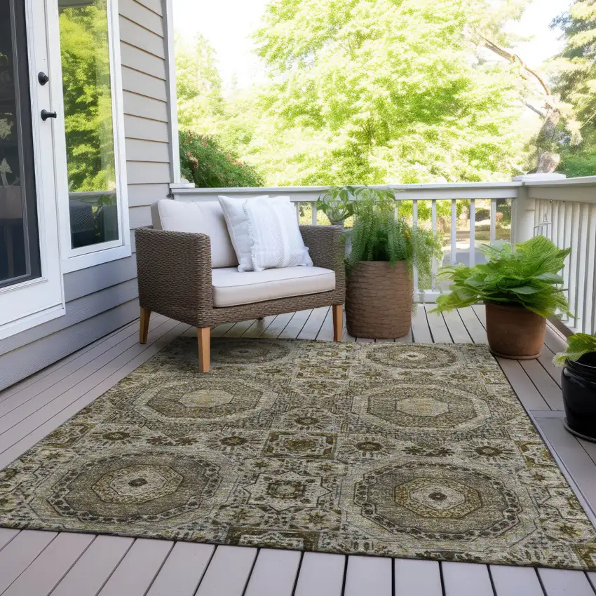 Taupe And Gold Medallion Washable Indoor Outdoor Area Rug Photo 8