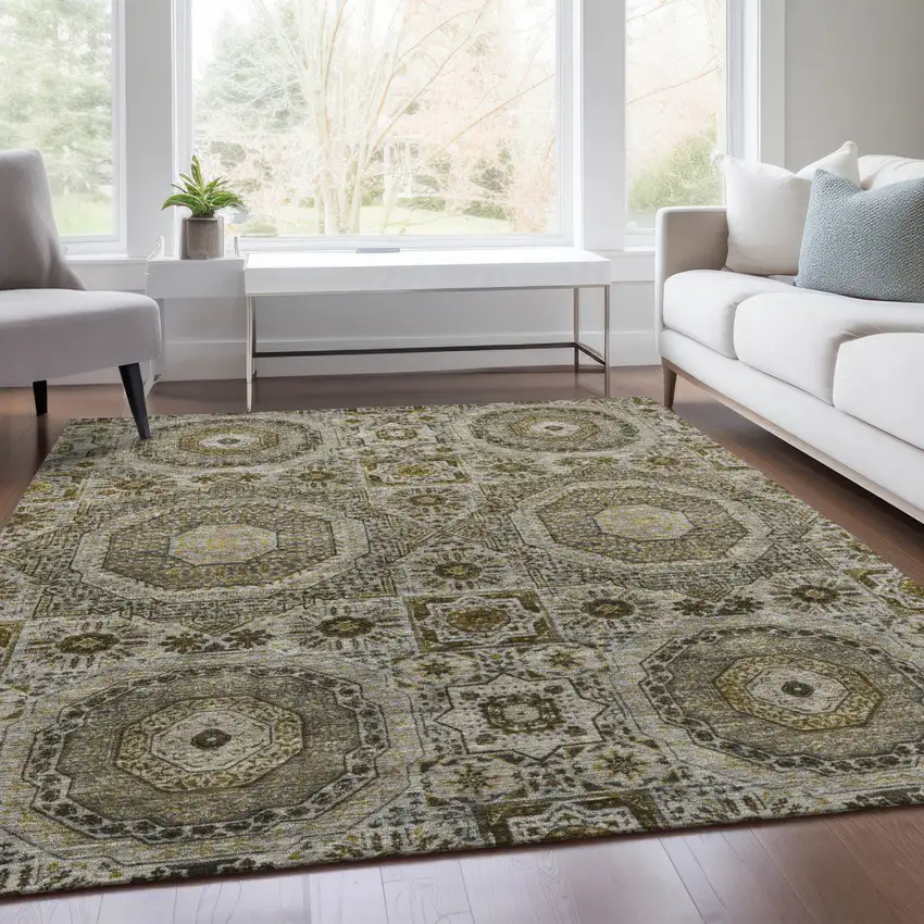 Taupe And Gold Medallion Washable Indoor Outdoor Area Rug Photo 7