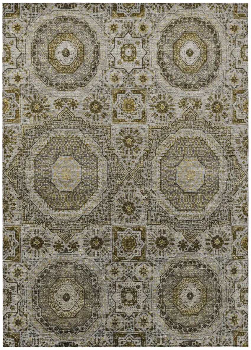 Taupe And Gold Medallion Washable Indoor Outdoor Area Rug Photo 1