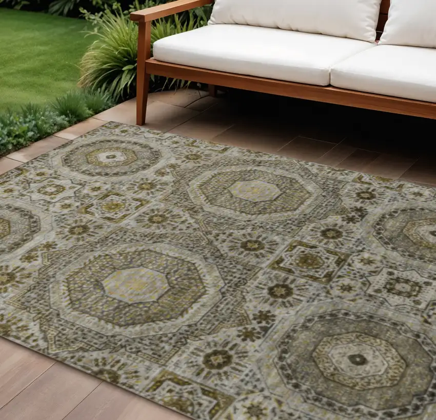 Taupe And Gold Medallion Washable Indoor Outdoor Area Rug Photo 2