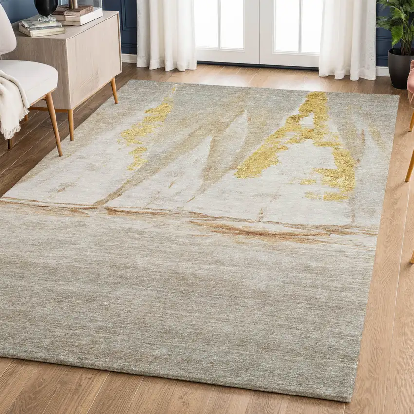 Taupe And Gold Nautical Washable Area Rug With UV Protection Photo 4