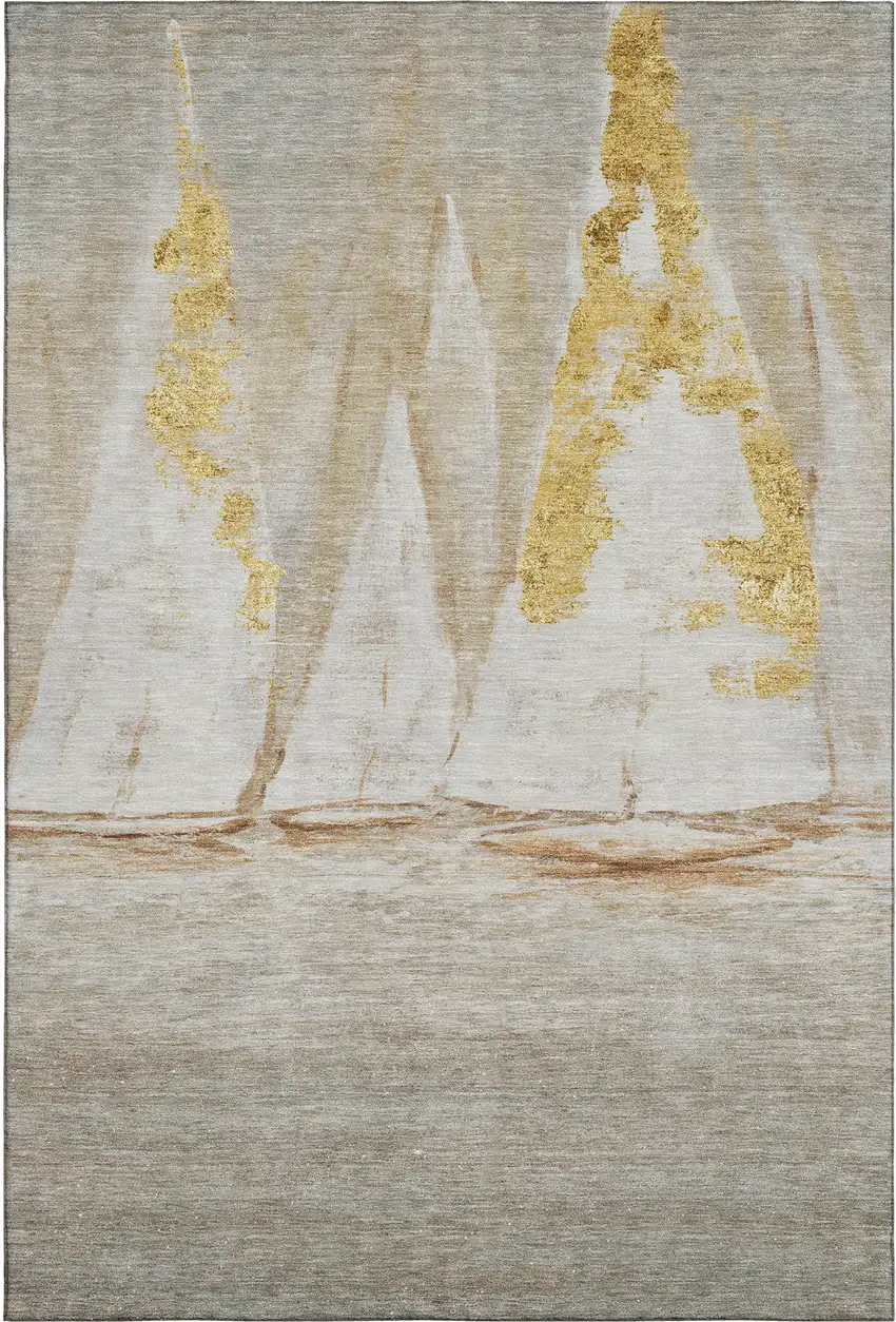 Taupe And Gold Nautical Washable Area Rug With UV Protection Photo 6