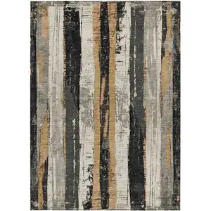 Photo of Taupe And Gold Striped Washable Indoor Outdoor Area Rug
