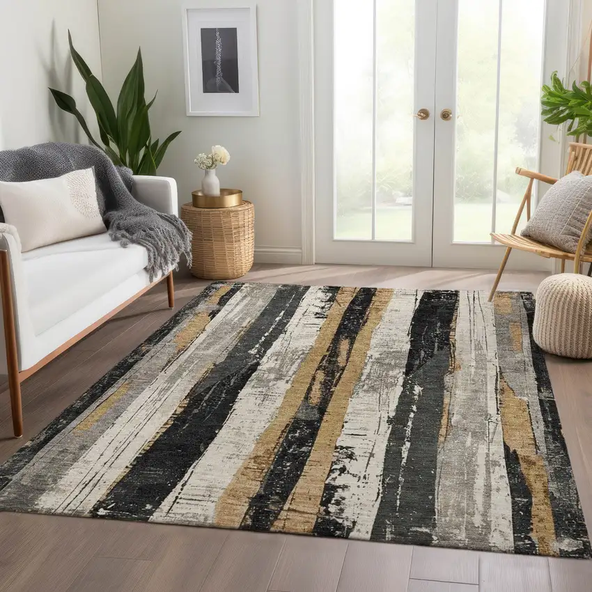 Taupe And Gold Striped Washable Indoor Outdoor Area Rug Photo 7