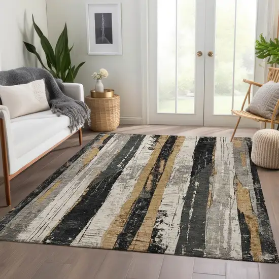 Taupe And Gold Striped Washable Indoor Outdoor Area Rug Photo 6