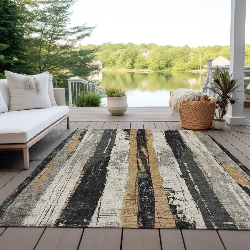 Taupe And Gold Striped Washable Indoor Outdoor Area Rug Photo 4
