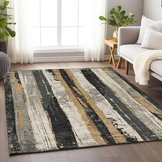 Taupe And Gold Striped Washable Indoor Outdoor Area Rug Photo 5