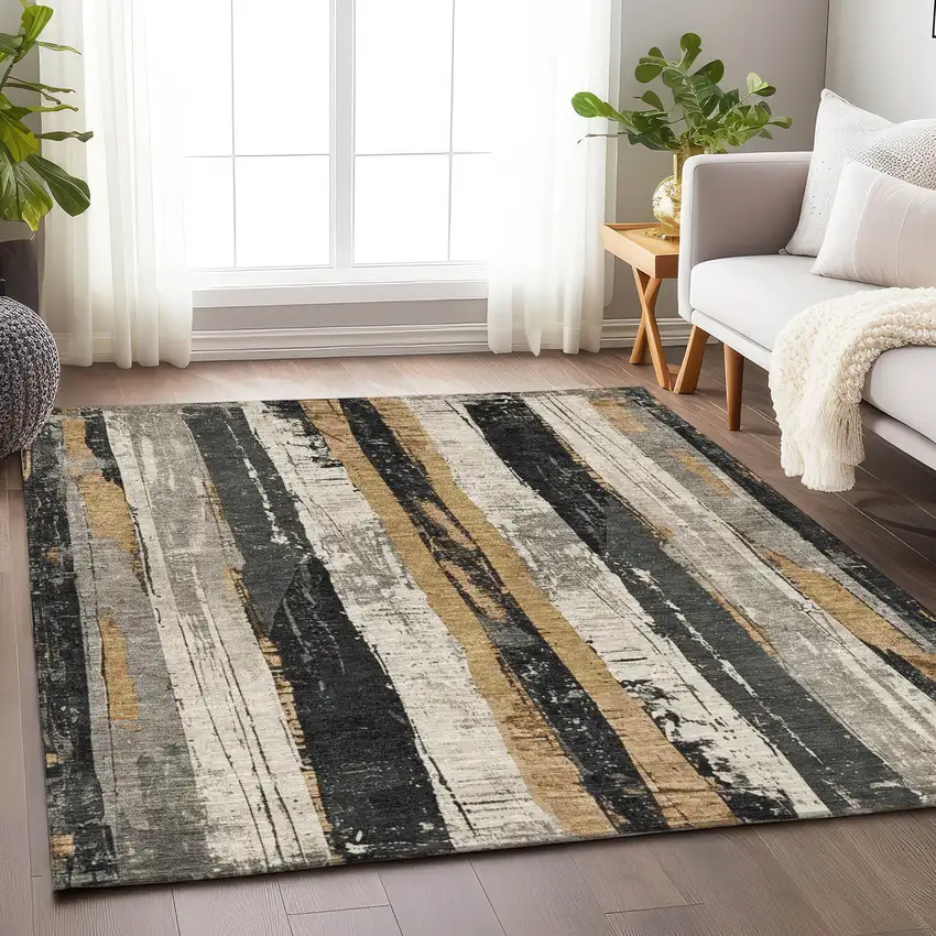 Taupe And Gold Striped Washable Indoor Outdoor Area Rug Photo 5