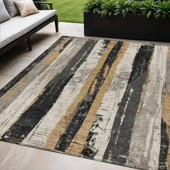 Taupe And Gold Striped Washable Indoor Outdoor Area Rug Photo 2