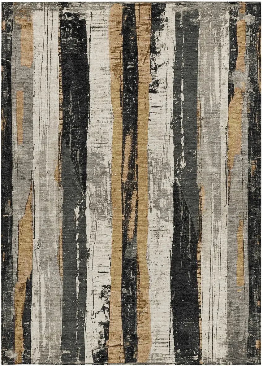 Taupe And Gold Striped Washable Indoor Outdoor Area Rug Photo 1