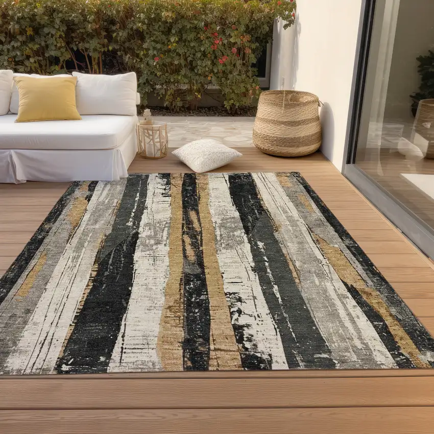 Taupe And Gold Striped Washable Indoor Outdoor Area Rug Photo 8
