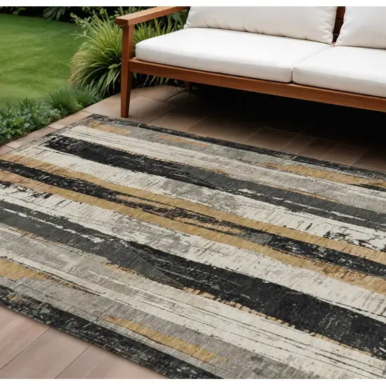 Taupe And Gold Striped Washable Indoor Outdoor Area Rug Photo 2