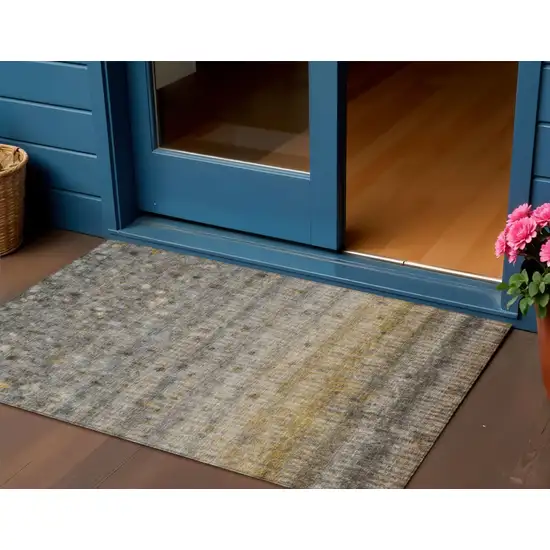 Taupe And Gold Striped Washable Indoor Outdoor Area Rug Photo 1