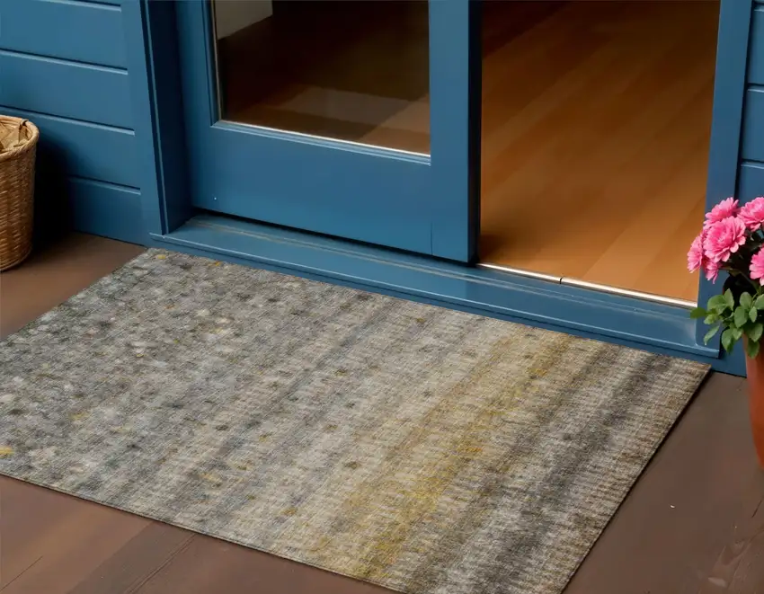 Taupe And Gold Striped Washable Indoor Outdoor Area Rug Photo 1