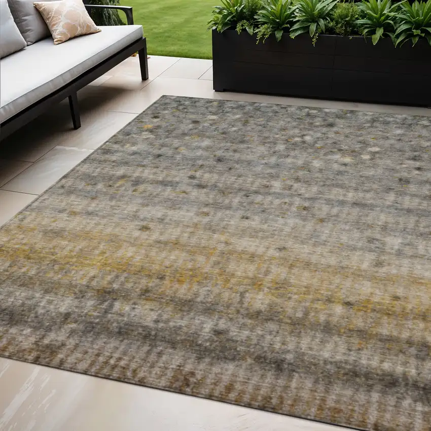 Taupe And Gold Striped Washable Indoor Outdoor Area Rug Photo 1