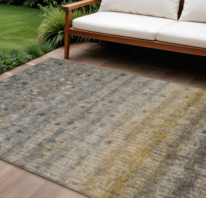Taupe And Gold Striped Washable Indoor Outdoor Area Rug Photo 1