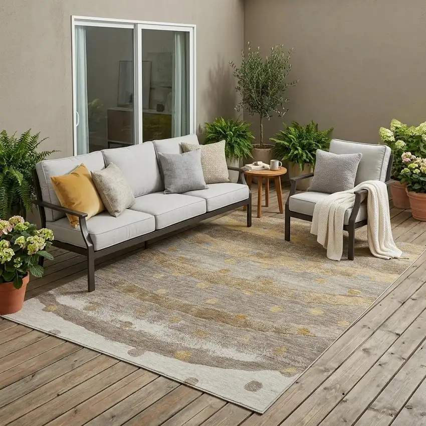 Taupe And Gold Striped Washable Indoor Outdoor Area Rug Photo 1