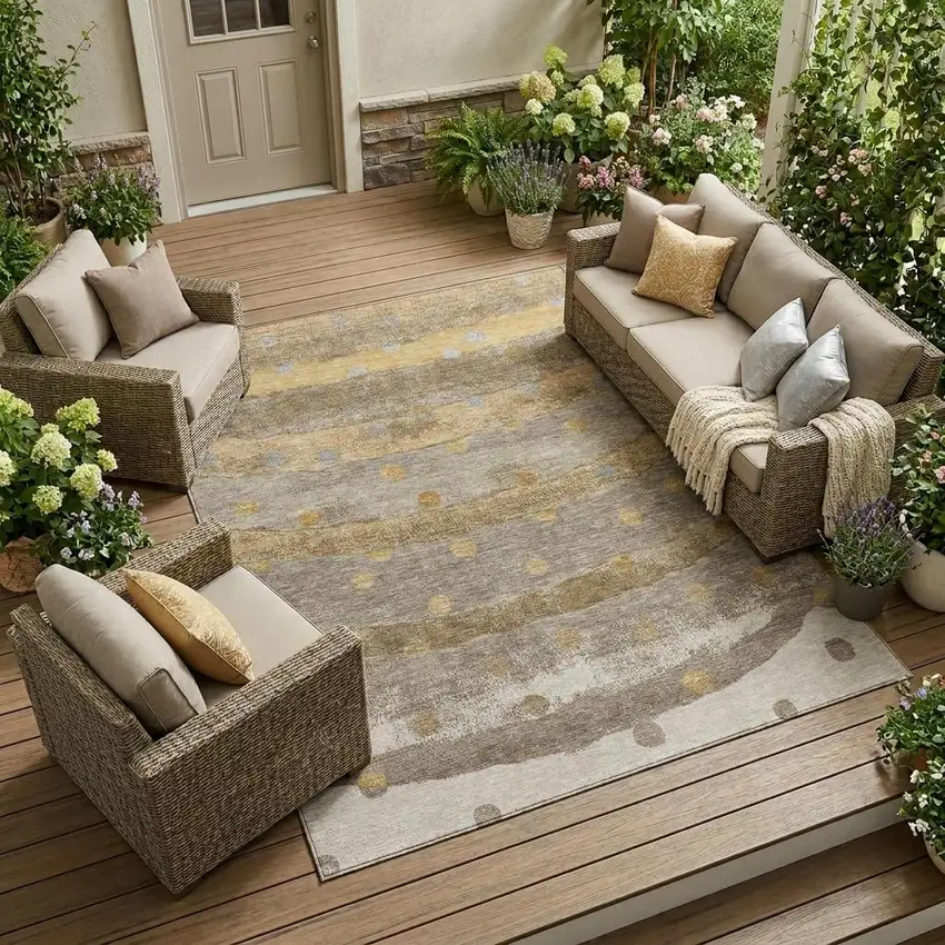 Taupe And Gold Striped Washable Indoor Outdoor Area Rug Photo 1