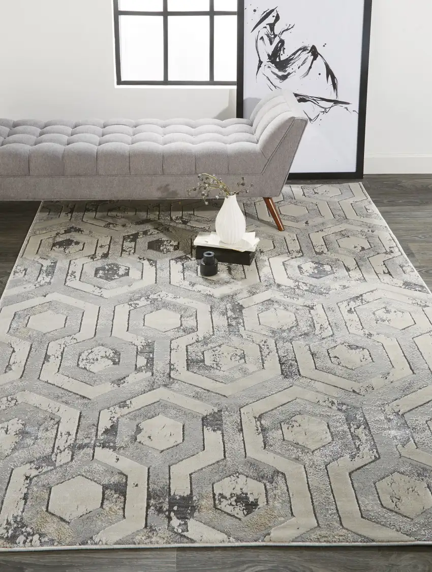 Gray Taupe And Silver Abstract Distressed Area Rug Photo 9