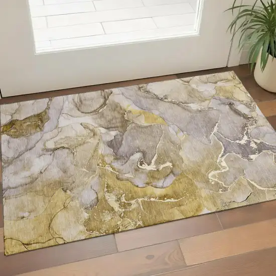 Taupe And Gray Abstract Washable Area Rug With UV Protection Photo 1