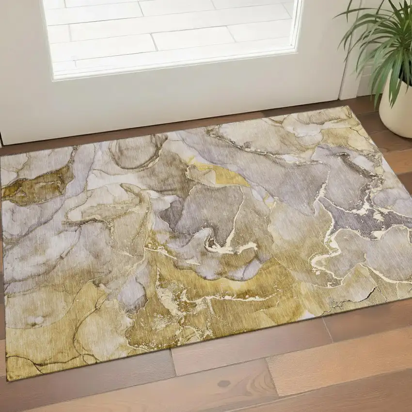 Taupe And Gray Abstract Washable Area Rug With UV Protection Photo 1