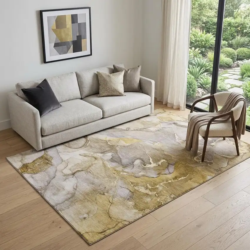 Taupe And Gray Abstract Washable Area Rug With UV Protection Photo 1