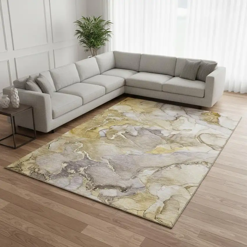 Taupe And Gray Abstract Washable Area Rug With UV Protection Photo 1