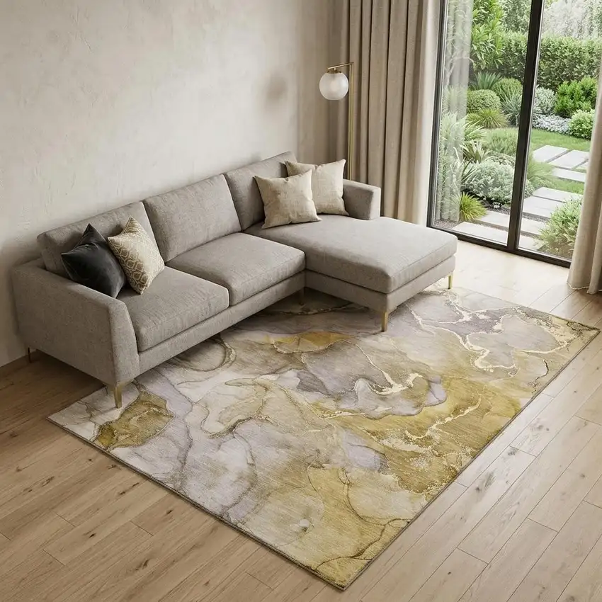 Taupe And Gray Abstract Washable Area Rug With UV Protection Photo 1