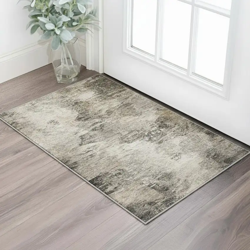Taupe And Gray Abstract Washable Area Rug With UV Protection Photo 1