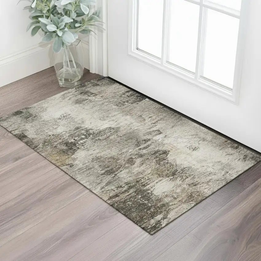 Taupe And Gray Abstract Washable Area Rug With UV Protection Photo 1