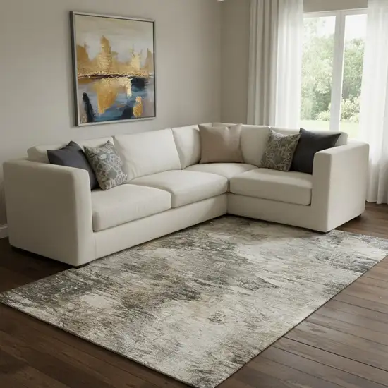 Taupe And Gray Abstract Washable Area Rug With UV Protection Photo 1