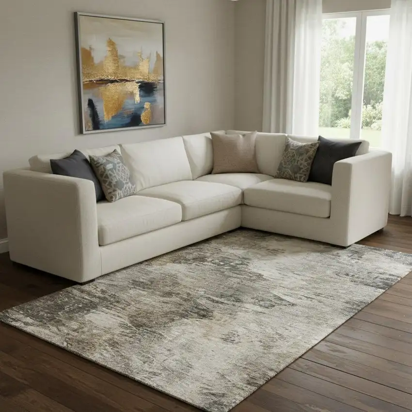 Taupe And Gray Abstract Washable Area Rug With UV Protection Photo 1