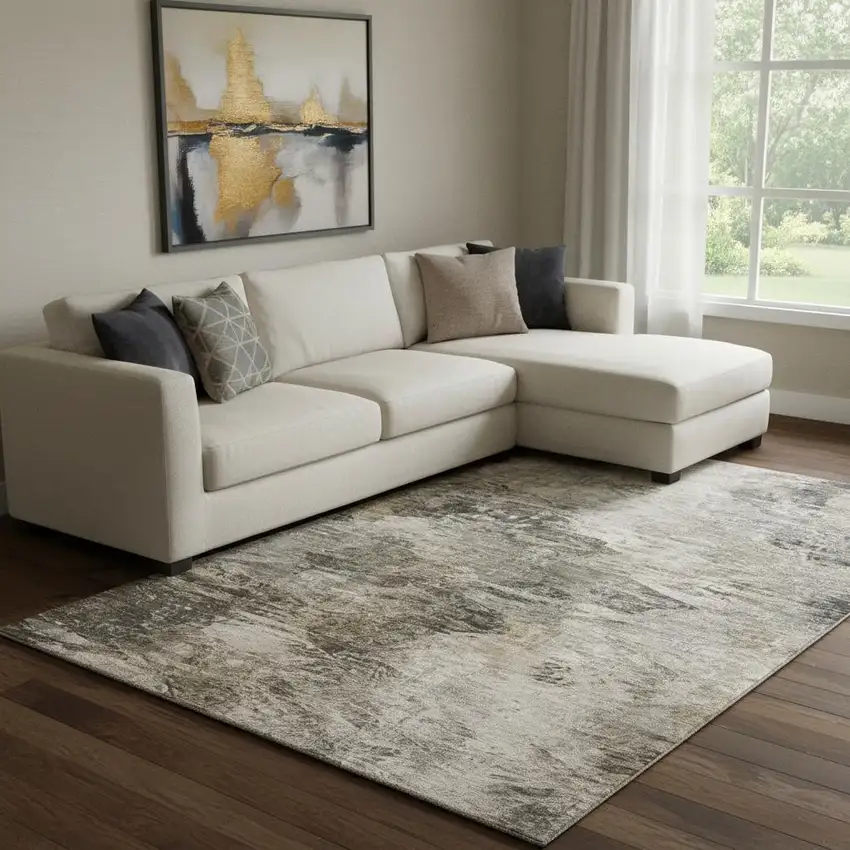 Taupe And Gray Abstract Washable Area Rug With UV Protection Photo 1