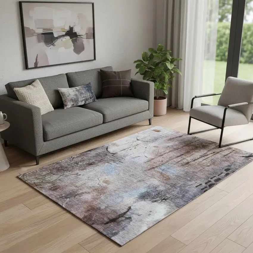 Taupe And Gray Abstract Washable Area Rug With UV Protection Photo 2