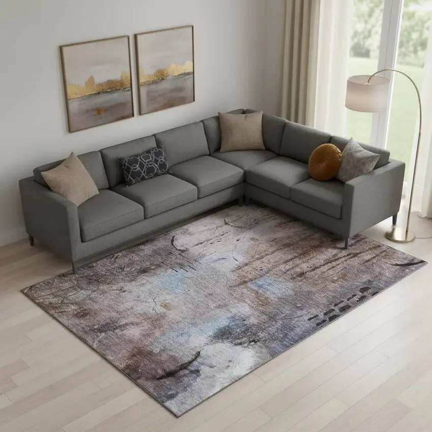 Taupe And Gray Abstract Washable Area Rug With UV Protection Photo 2