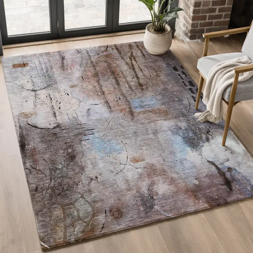 Taupe And Gray Abstract Washable Area Rug With UV Protection Photo 5