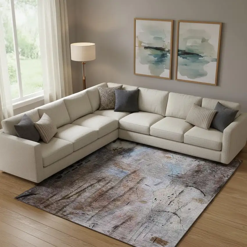Taupe And Gray Abstract Washable Area Rug With UV Protection Photo 2