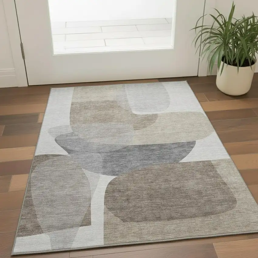 Taupe And Gray Abstract Washable Area Rug With UV Protection Photo 2