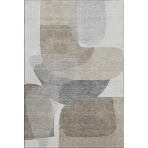 Photo of Taupe And Gray Abstract Washable Area Rug With UV Protection