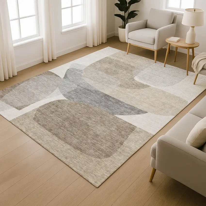 Taupe And Gray Abstract Washable Area Rug With UV Protection Photo 6