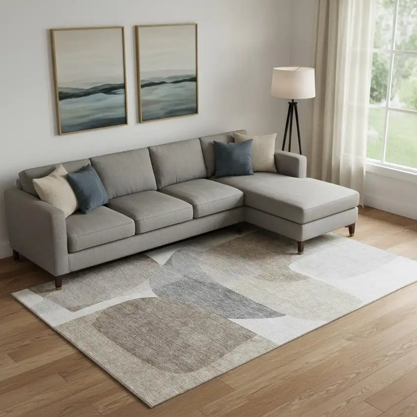 Taupe And Gray Abstract Washable Area Rug With UV Protection Photo 2