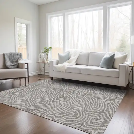 Taupe And Gray Abstract Washable Indoor Outdoor Area Rug Photo 9
