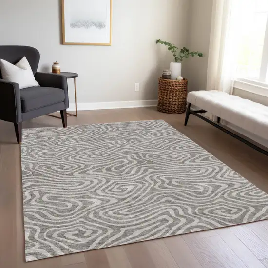 Taupe And Gray Abstract Washable Indoor Outdoor Area Rug Photo 9