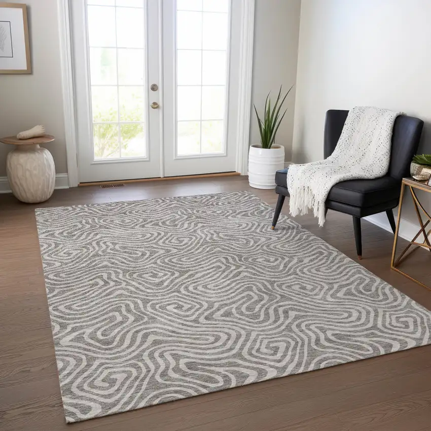 Taupe And Gray Abstract Washable Indoor Outdoor Area Rug Photo 9