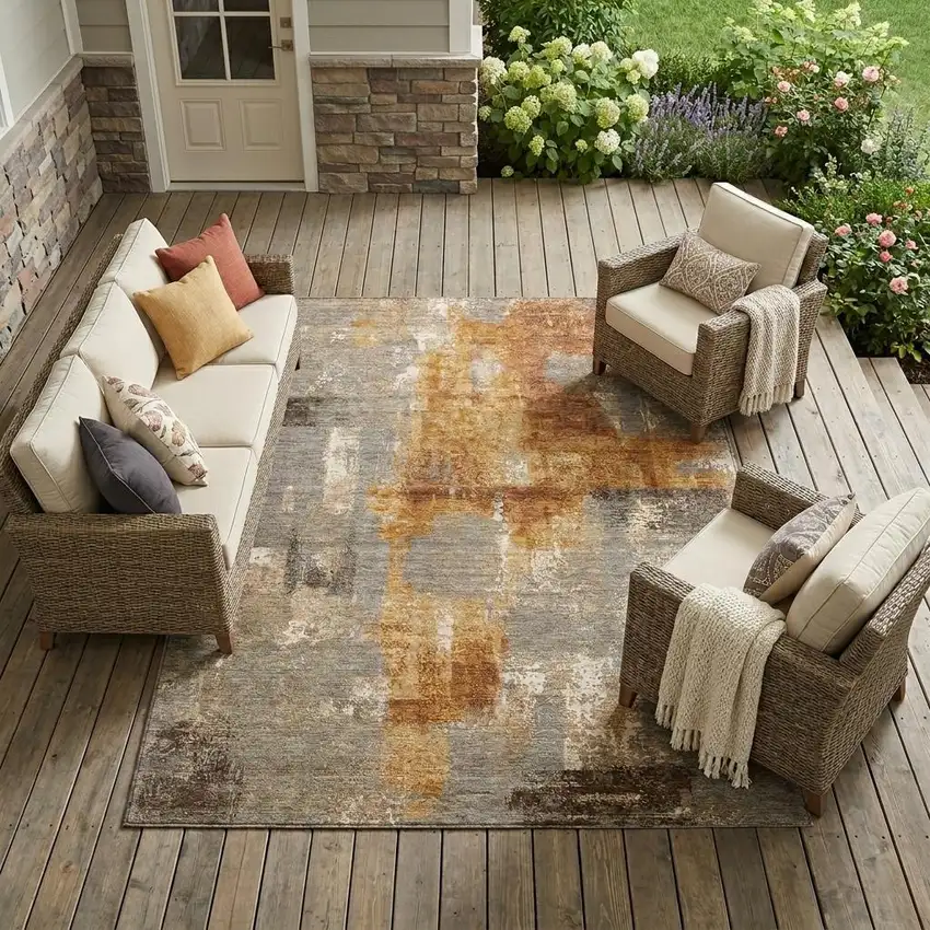 Taupe And Gray Abstract Washable Indoor Outdoor Area Rug Photo 1