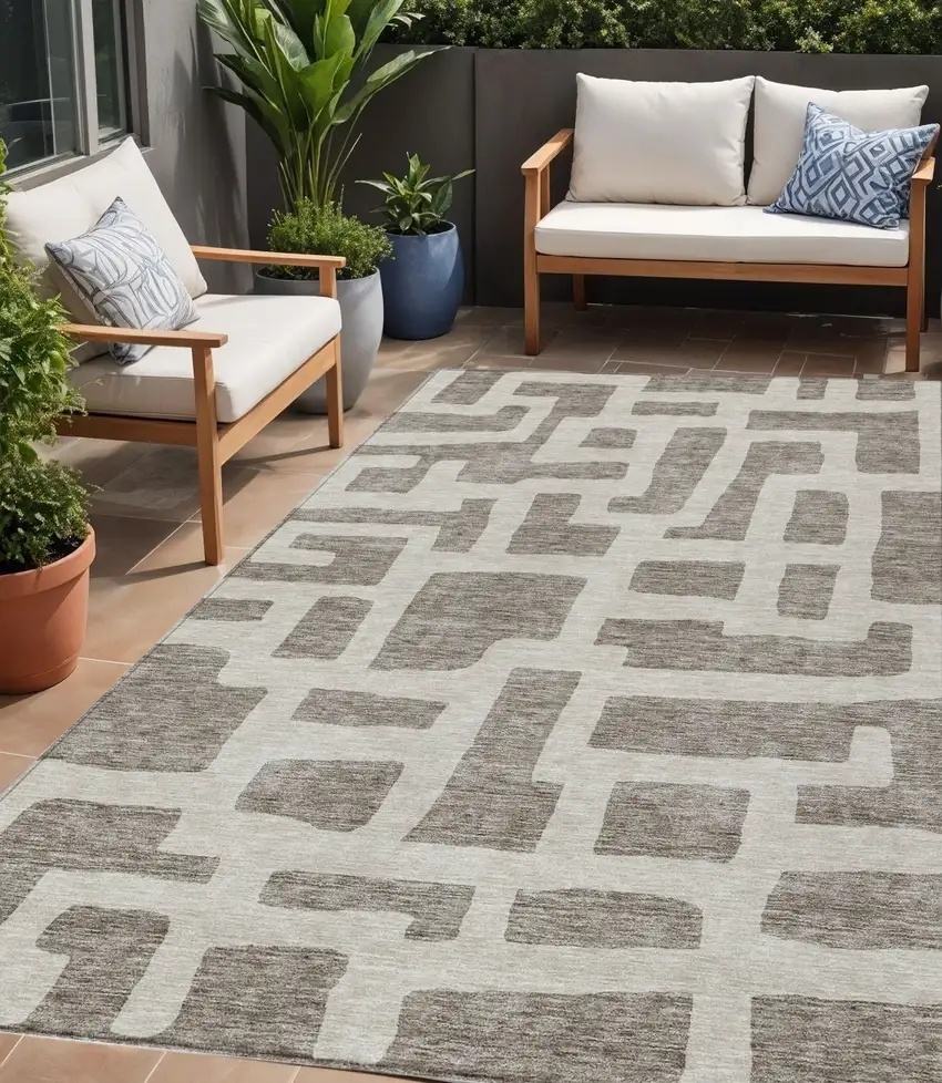 Taupe And Gray Abstract Washable Indoor Outdoor Area Rug Photo 1