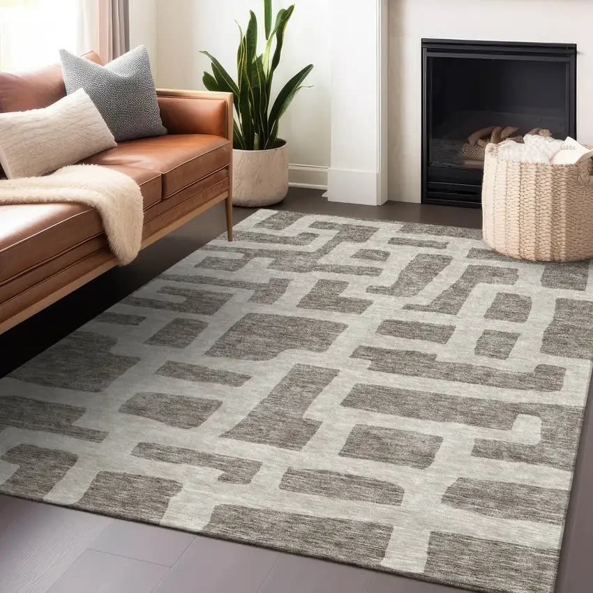 Taupe And Gray Abstract Washable Indoor Outdoor Area Rug Photo 9