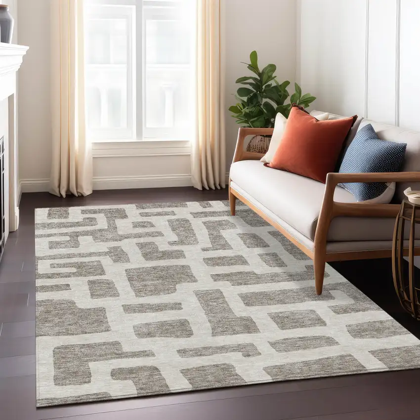 Taupe And Gray Abstract Washable Indoor Outdoor Area Rug Photo 9