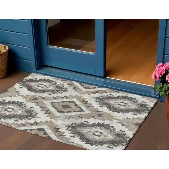 Taupe And Gray Aztec Washable Indoor Outdoor Area Rug Photo 2
