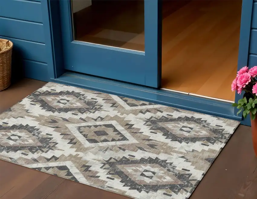 Taupe And Gray Aztec Washable Indoor Outdoor Area Rug Photo 2